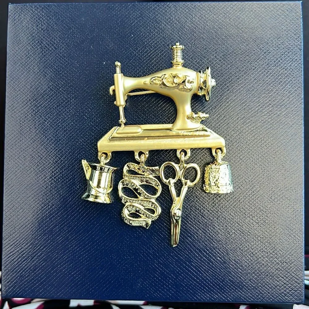 Danecraft Goldtone Metal Sewing Machine, Thread, Tape Measure, Scissors,  Brooch